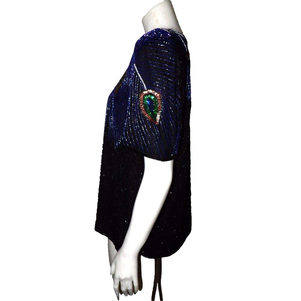 Night Vogue Sequined Beaded Top Shirt Mother of Bride Groom 100% Silk Peacock M - Picture 4 of 12